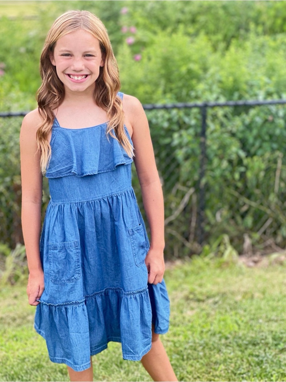 Calvin Klein Jeans Girls' Denim Ruffle Tiered Sundress - Blue